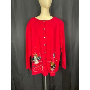 Vintage Millennium 2000 New Year Red Cotton Cardigan, Beads & Sequence Plus Size